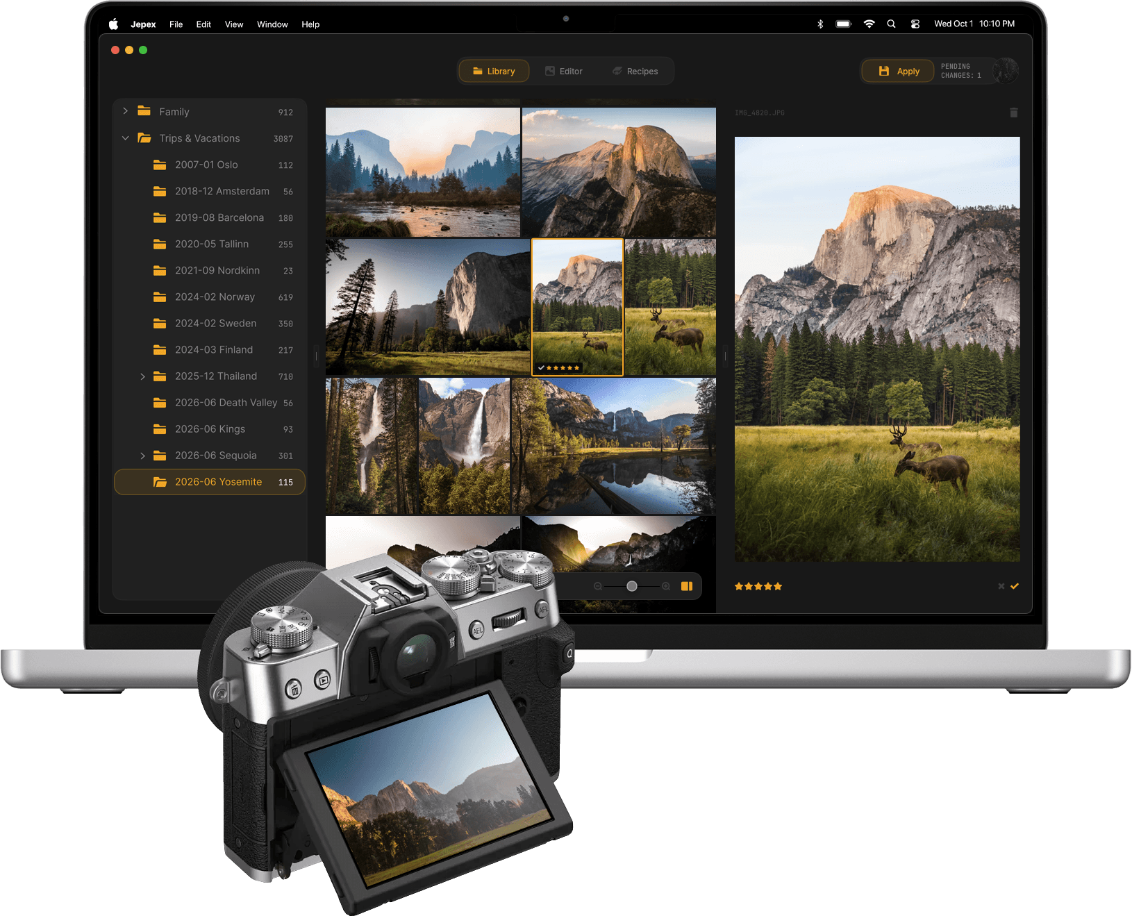 Jepex editor: photo browser with tone curve and filmstrip